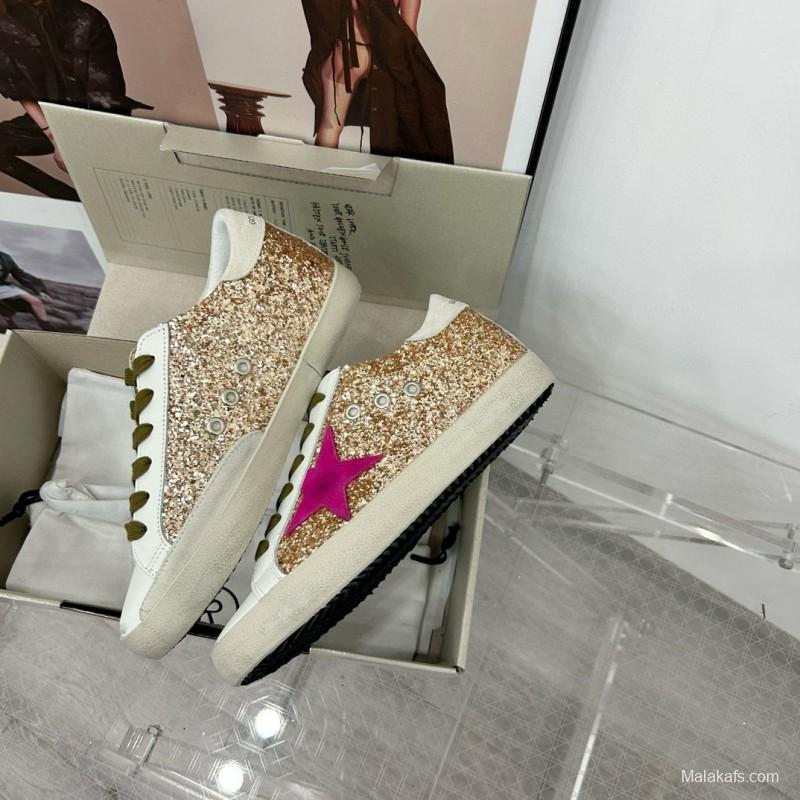 2025 Women GGDB White Gold Pink Glitter Leather Sneakers