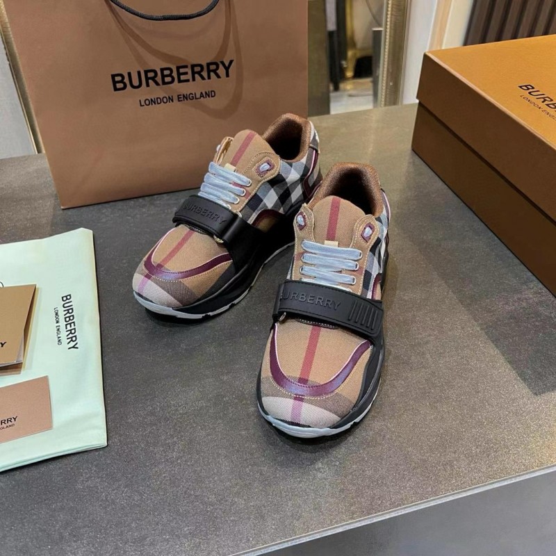 2025 Unisex Burberry Beige Black White Cotton Calfskin Suede Sneakers Vintage Pattern MJ00360(F)