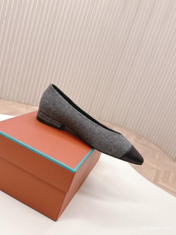 2025 Women LP Grey Black Fabric Leather Pointed Toe Loafers