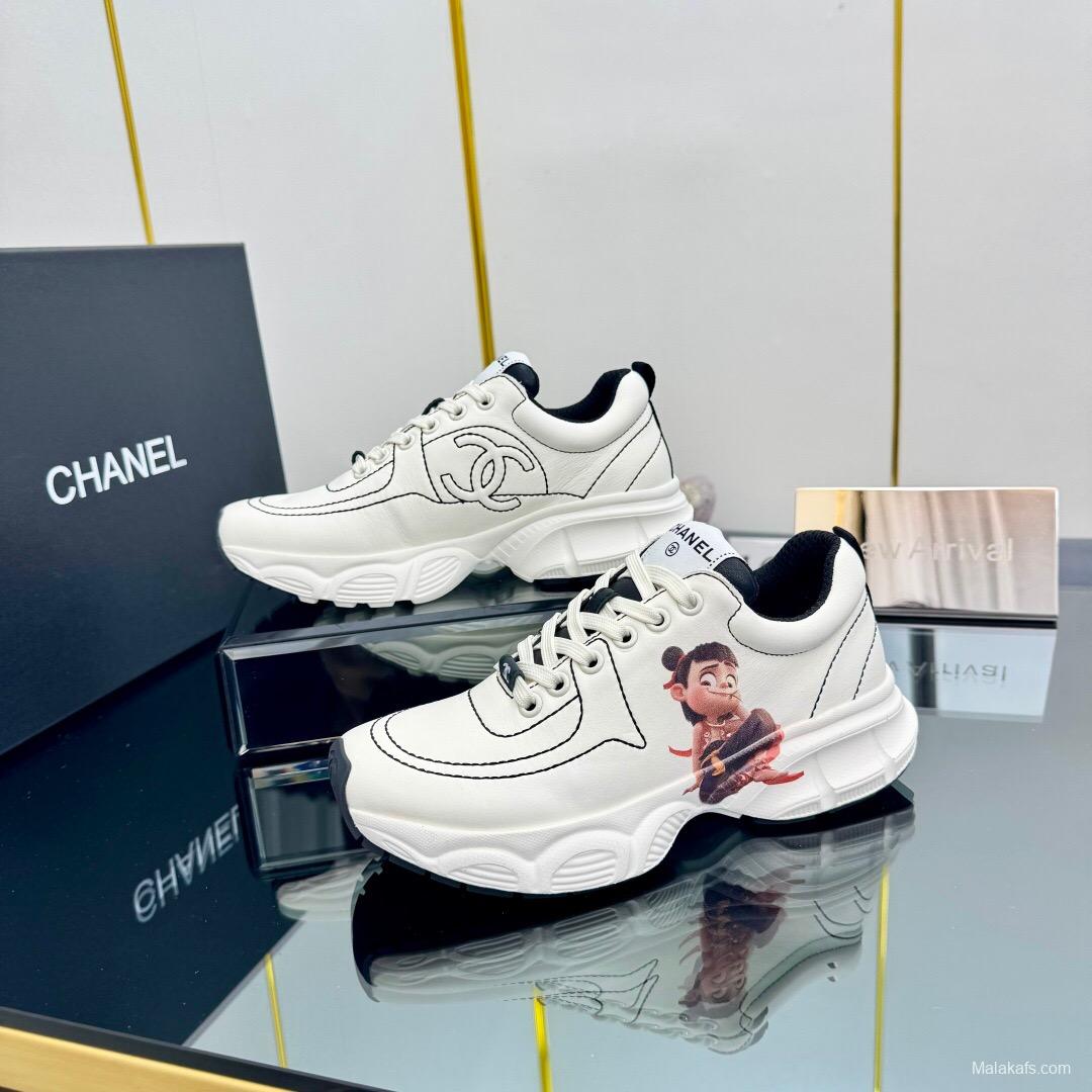 2025 Women Chanel White Leather Sneakers Cartoon Graphic