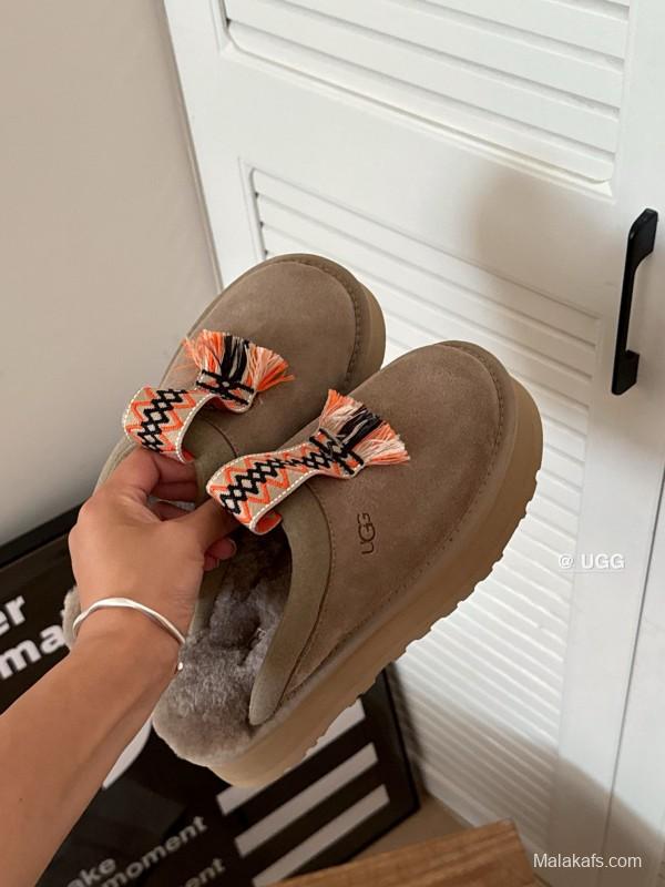 2024 UGG Grey Suede Slippers Woven Tassel MJ00230