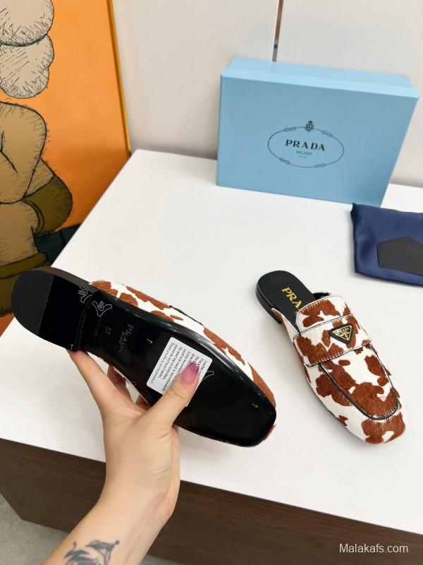 2025 Women Prada Brown White Calf Hair Leather Slippers LY00260
