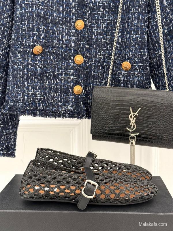 2025 Women AlAIA Black Leather Woven Mary Jane