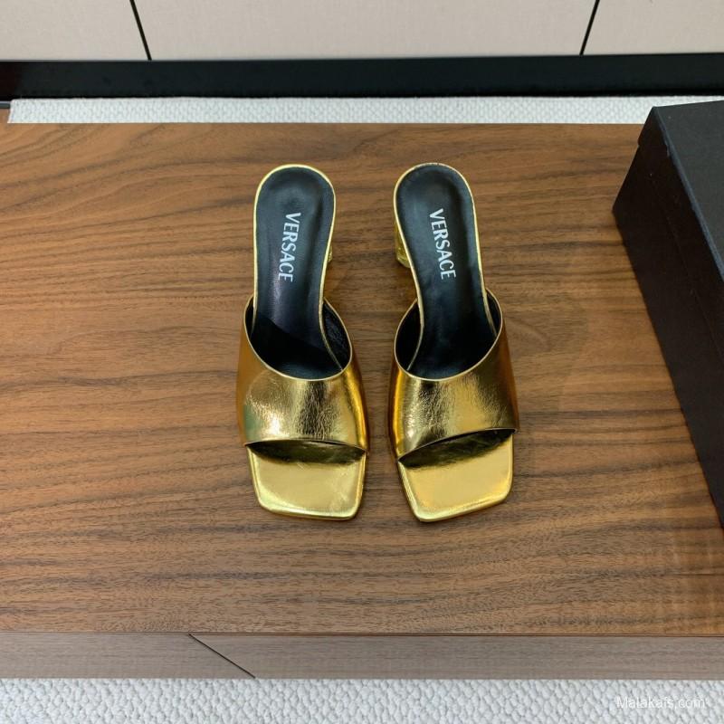 2025 Women VERSACE Gold Leather Heeled Sandals