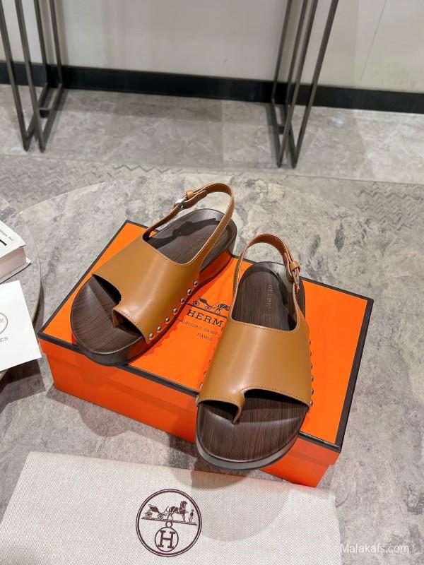 2025 Women Hermès Brown Leather Sandals KFY00250
