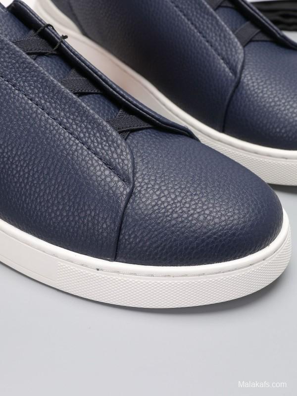 2024 Men Ermenegildo Zegna Navy Leather Low Top Sneakers MJ00240