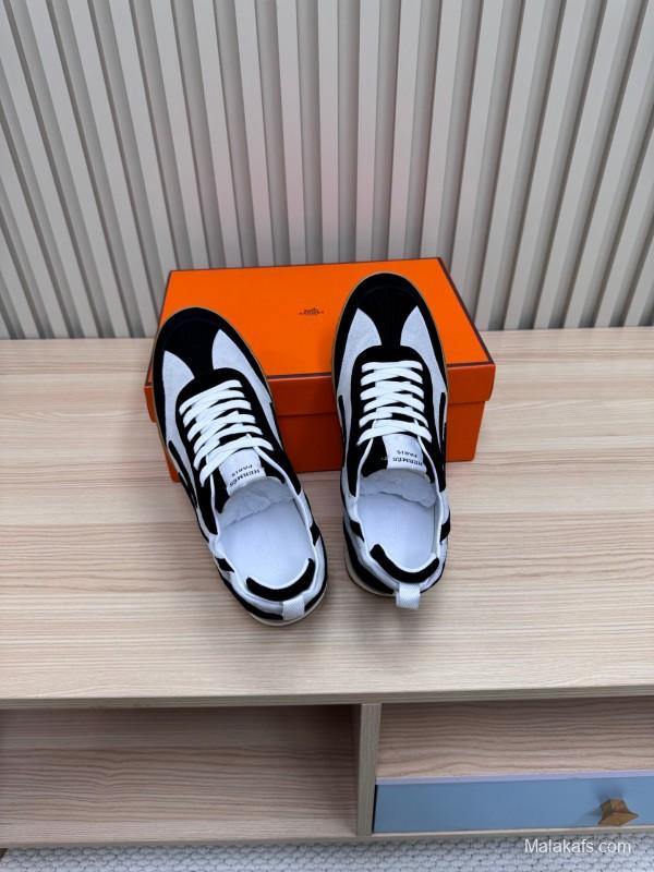 2025 Unisex Hermès Black White Suede Goat Leather Sneakers Top Version LY00310