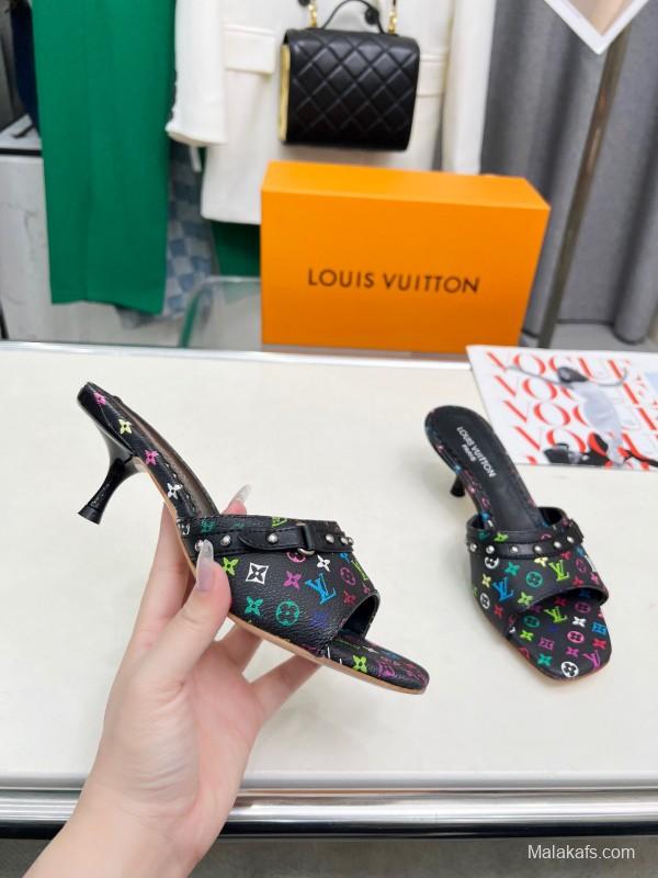 2025 Women Louis Vuitton Multicolor Leather Heeled Mules LY00260
