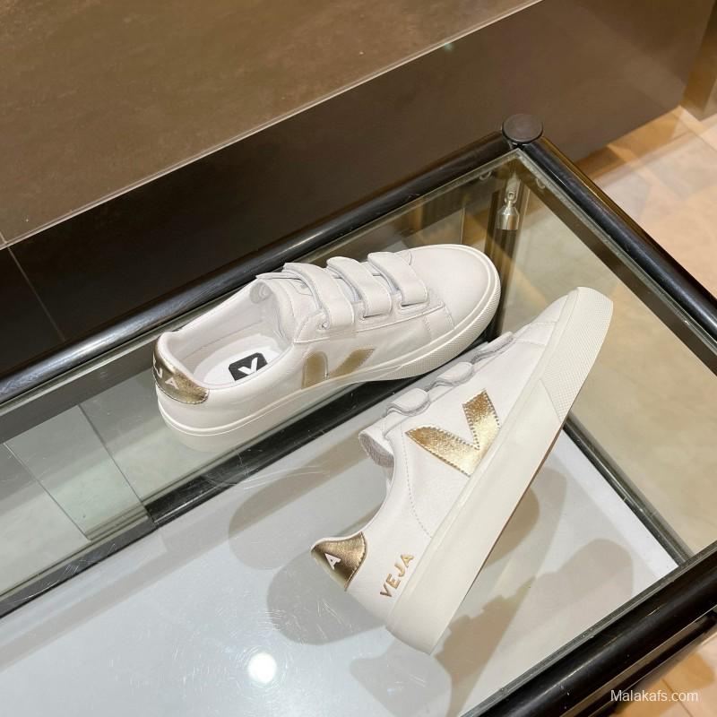 2025 Women VEJA White Gold Leather Strap Sneakers