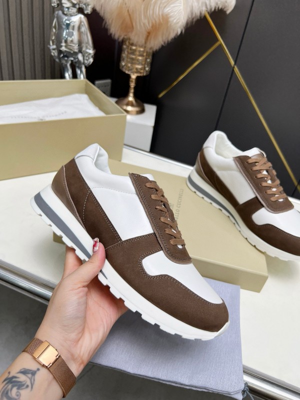2024 Men Brunello Cucinelli White Brown Leather Suede Sneakers MJ00360