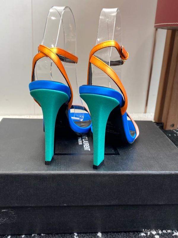 2025 Women Yves Saint Laurent Blue Orange Pink Leather Suede High Heel Sandals