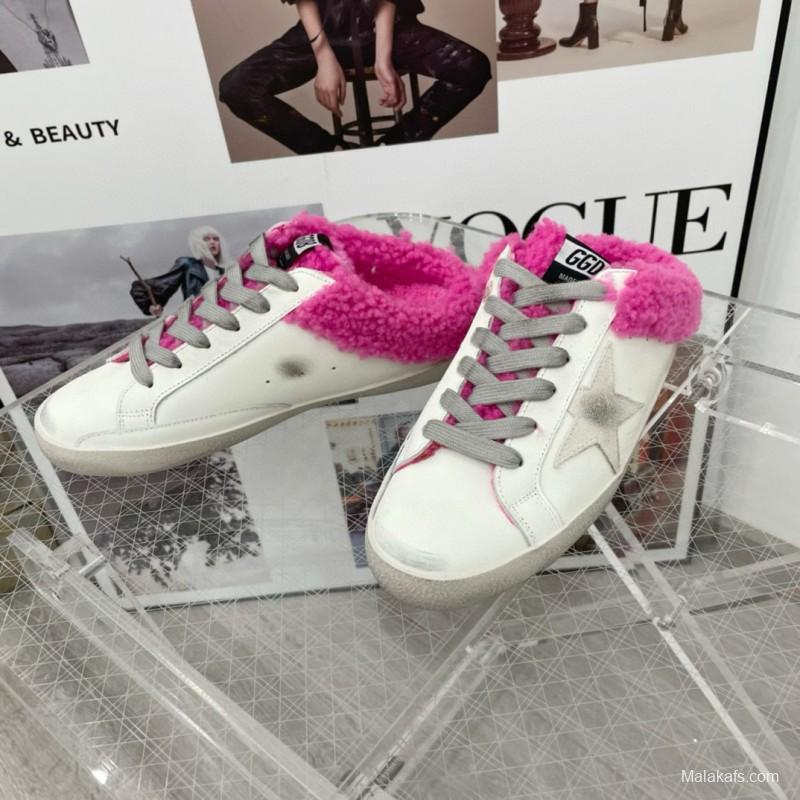 2025 Women GGDB White Pink Shearling Leather Sneakers