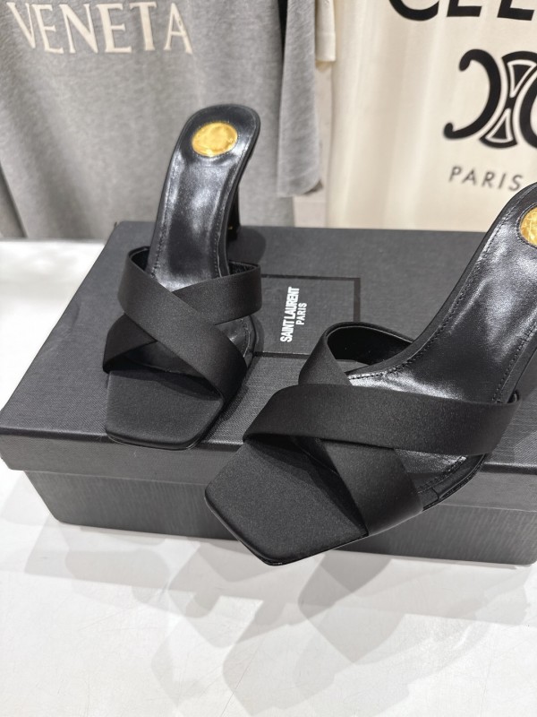 2025 Women Yves Saint Laurent Black Leather High Heel Slide Sandals With Gold Medallion Detail - LY00360(F)