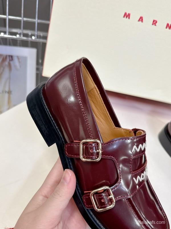 2025 Women Marni Burgundy Leather Loafers KFY00320