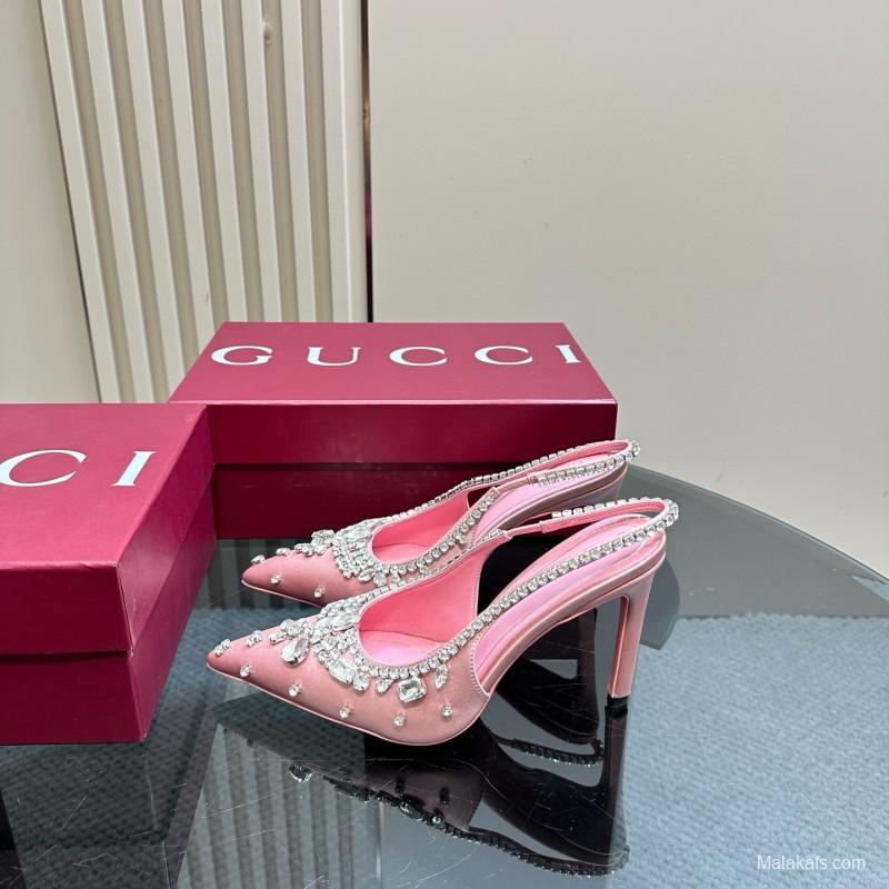 2025 Women Gucci Pink Silk Slingback High Heel Crystal MJ00340