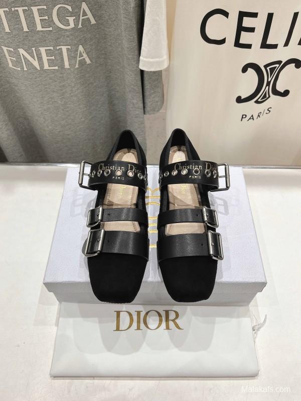 2025 Women Dior Black Leather Suede Mary Jane Buckle KFY00300