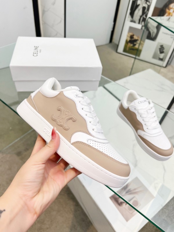 2025 Women Celine White Beige Leather Sneakers BLOCK TRIOMPHE KFY00260