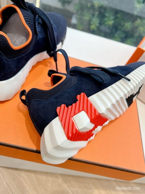 2024 Unisex Hermès爱马仕 Navy Orange White Knit Leather Sneakers MJ00290