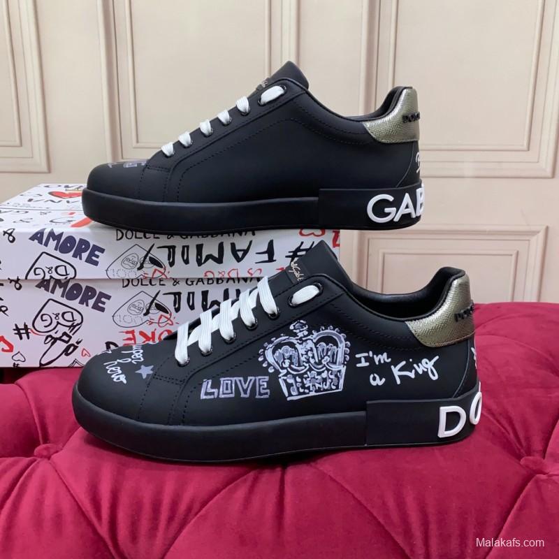 2025 Men Dolce & Gabbana Black Silk Leather Sneakers Crown Embellishment LY00360