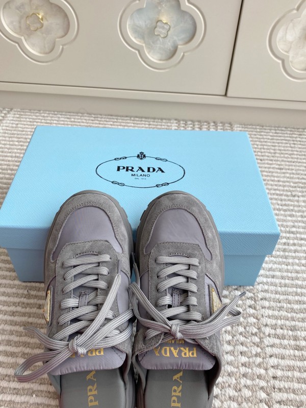 2025 Women Prada Grey Suede Nylon Sneakers LY00290
