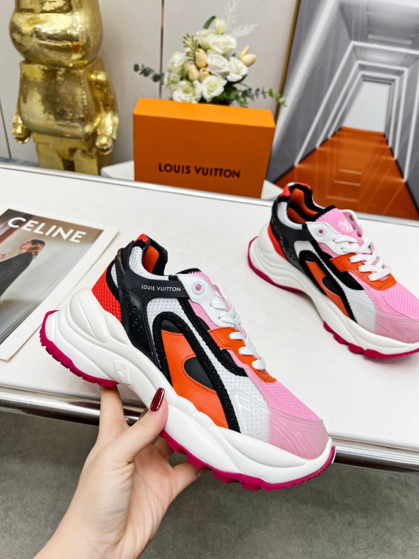 2025 Women Louis Vuitton Pink Orange Black Mesh Leather Sneakers LY00340