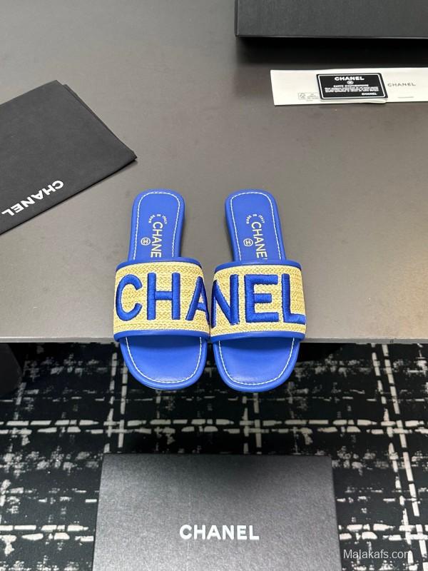 2025 Women CHANEL Blue Beige Canvas Slippers