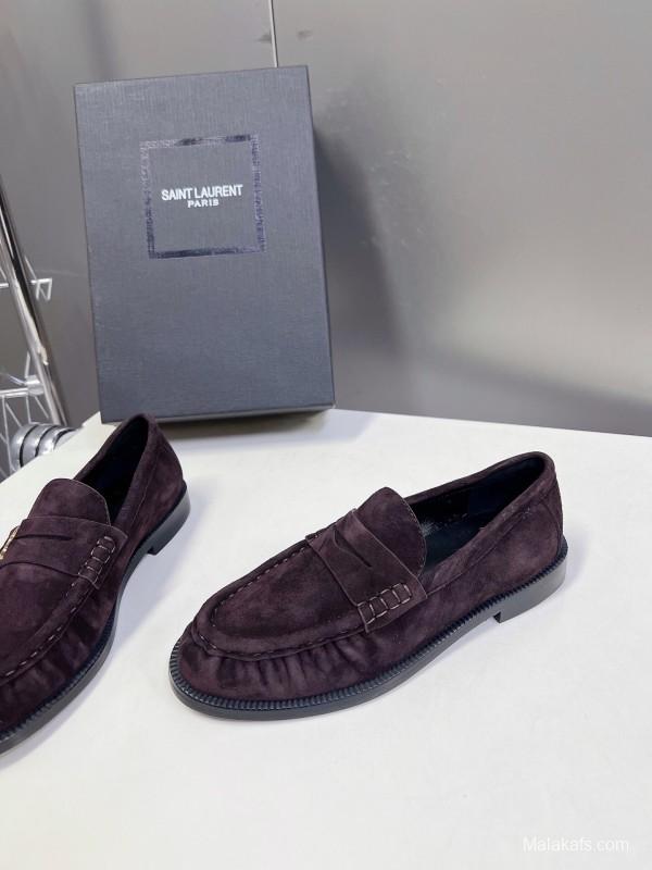 2025 Women Yves Saint Laurent Dark Purple Suede Loafers KFY00350