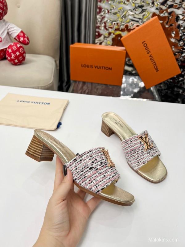2025 Women Louis Vuitton Pink White Tweed Leather Heeled Mules LY00220