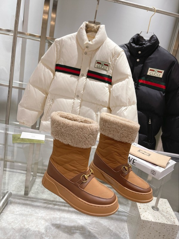 2024 Women Gucci Brown Tan Leather Shearling Lined Snow Boots MJ00420