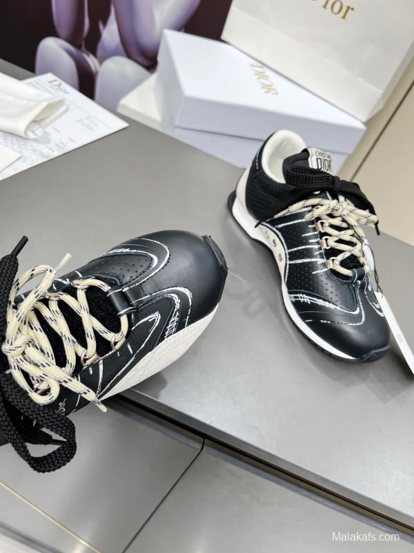 2025 Women Dior Black White Leather Sneakers Handwritten Logo KFY00290