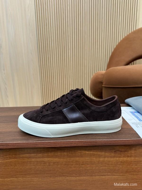 2025 Men TOM FORD Dark Brown Black Suede Leather Sneakers LY00360