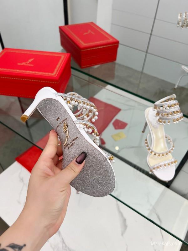 2025 Women RC White Crystal Pearl Leather High Heel Sandals LY00360