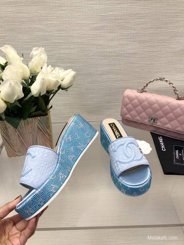 2025 Women Chanel Blue White Fabric Platform Slide Sandals LY00320