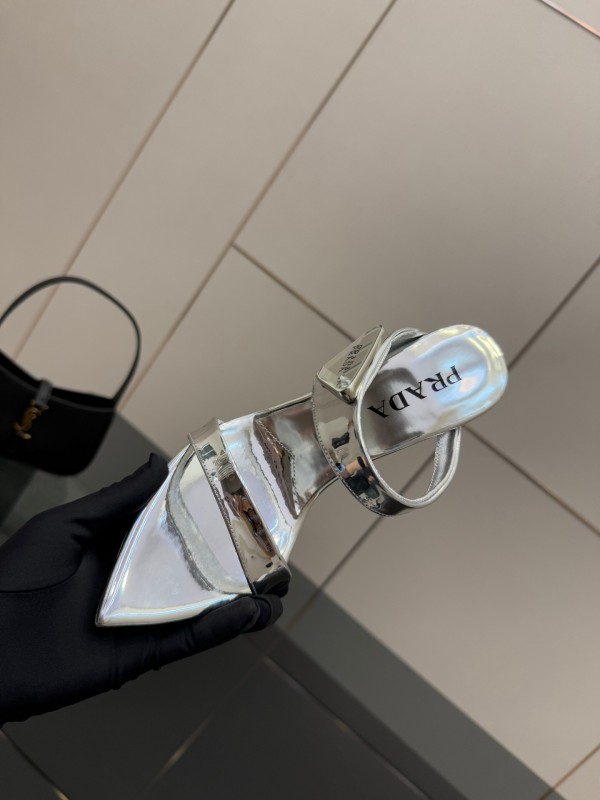 2025 Women Prada Silver Leather Pointed Toe Sandals