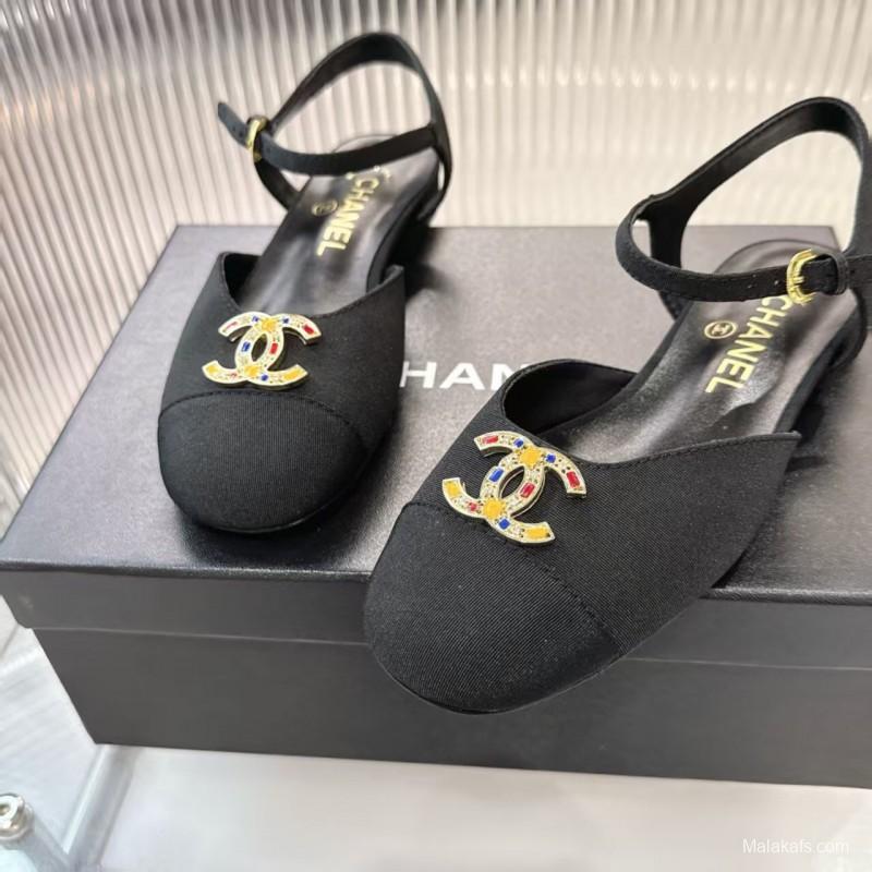 2025 Women Chanel Black Fabric Slingback Sandals