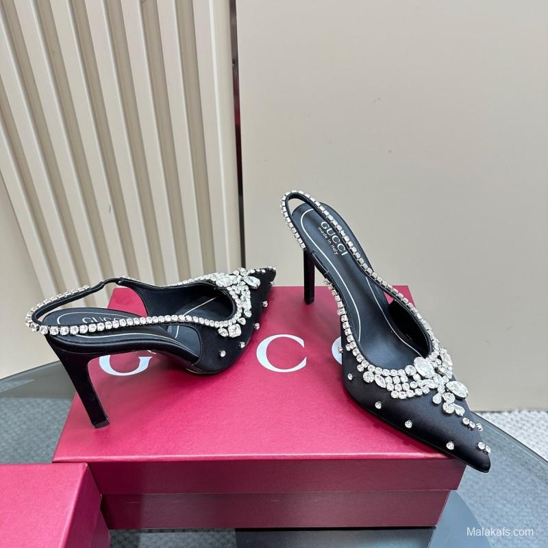 2025 Women Gucci Black Satin Crystal Embellished Slingback Heels