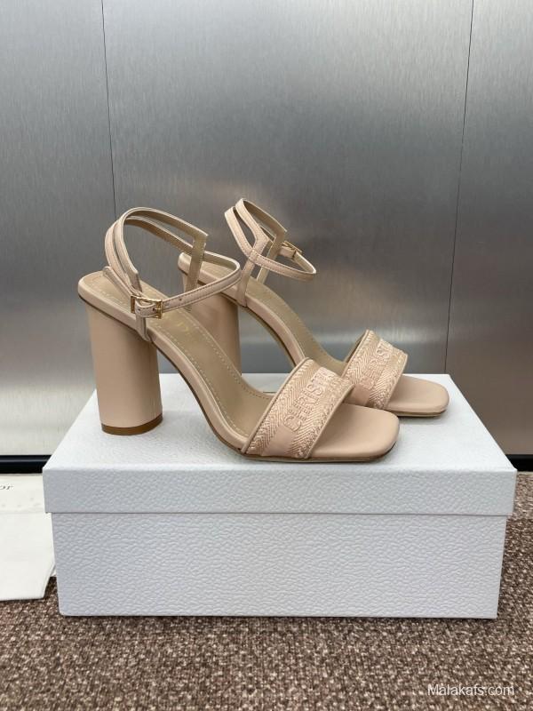 2025 Women Dior Beige Fabric Leather High Heel Sandals