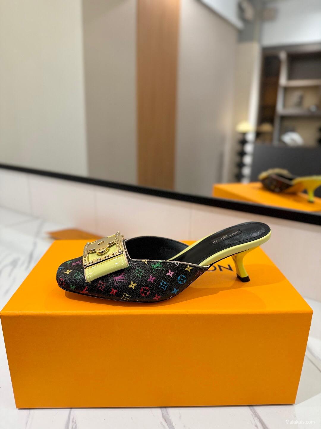 2025 Women Louis Vuitton Black Multicolor Canvas Leather Mules Buckle KFY00320