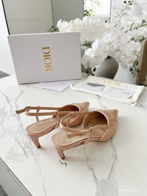 2025 Women Dior Beige Patent Leather Slingback Heels KFY00310