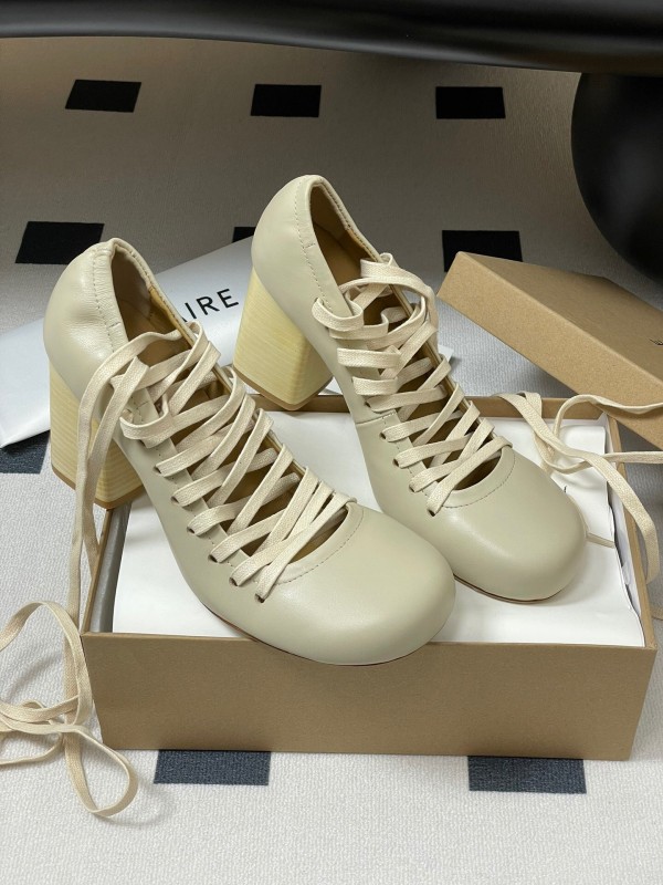 2025 Women Lemaire Ivory Leather Round Toe Block Heel Lace Up KFY00310