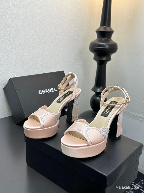 2025 Women Chanel Pink Satin Rhinestone Platform Sandals KFY00320