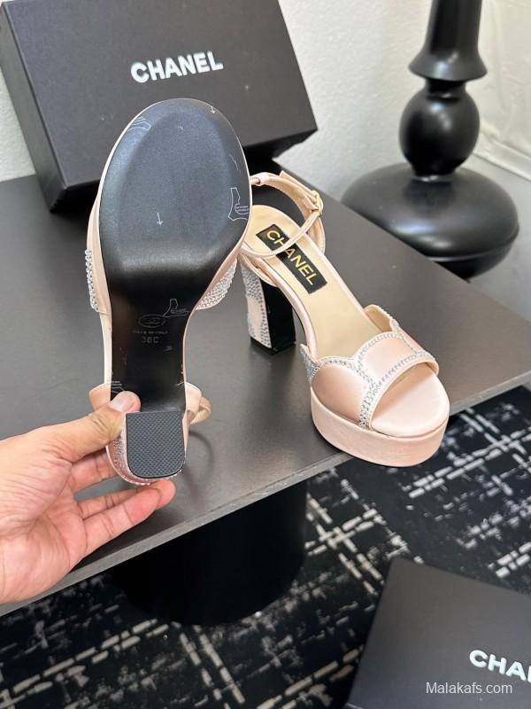 2025 Women Chanel Pink Satin Rhinestone Platform Sandals KFY00320
