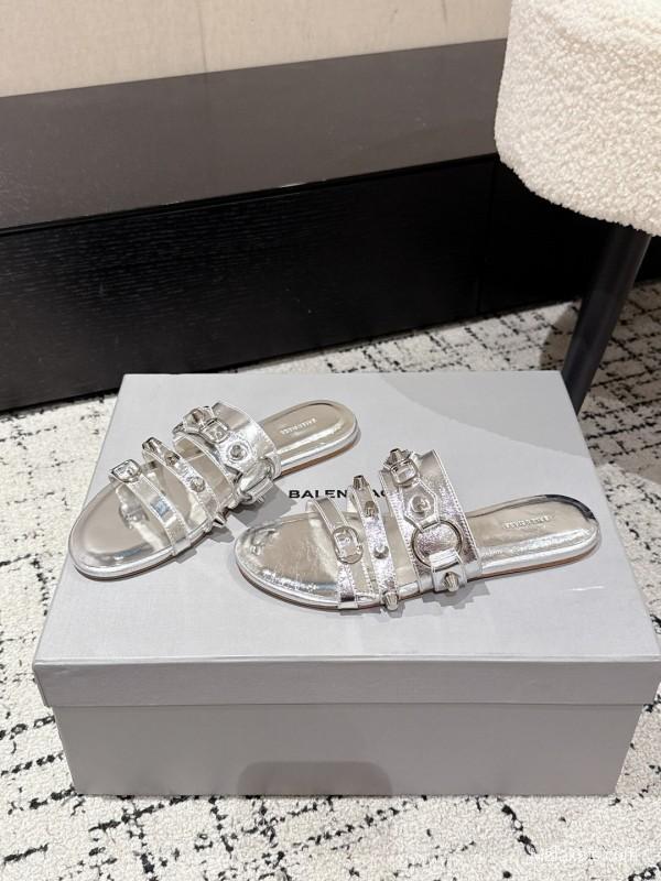 2025 Slippers Balenciaga Silver Leather Metal Buckle KFY00289