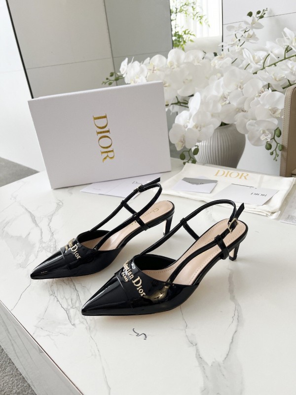 2025 Women Dior Black Patent Leather Slingback Heels KFY00310