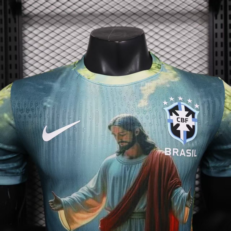 Player Version 2025 Brazil Light Blue with Jesus Christ Religious Artwork Jersey