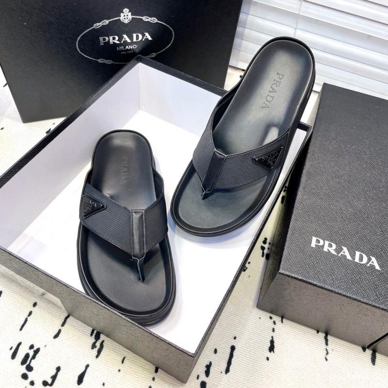 2025 Men Prada Black Fabric Leather Sandals Logo KFY00230