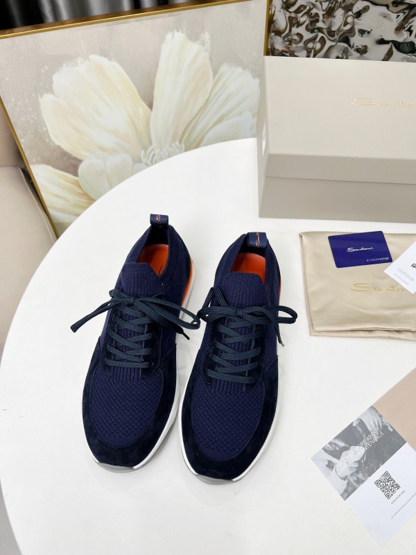 2025 Unisex Santoni Navy Orange Wool Knit Leather Sneakers AS00320