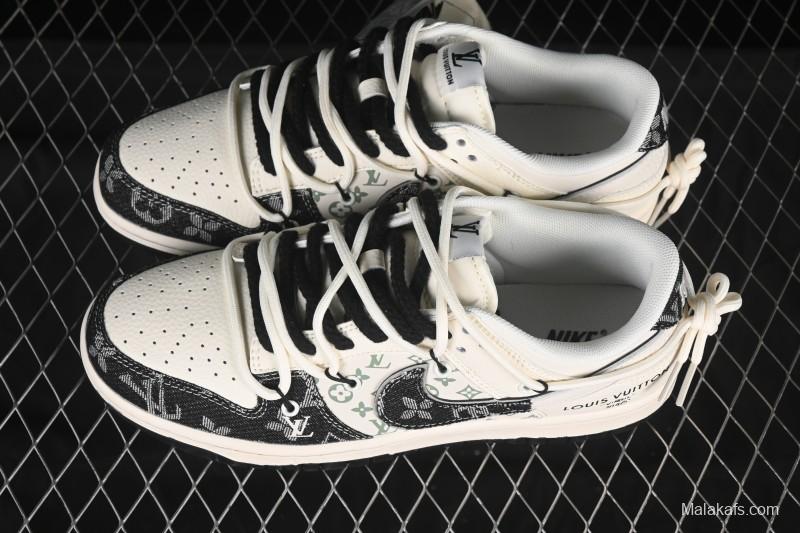 Nike SB Dunk Low LV Collaboration Strap Weave Black White Swoosh Anniversary Custom Low-Top Casual Skate Shoes - YX5066-338