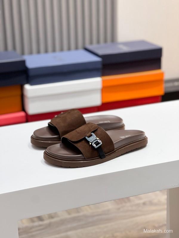 2025 Men Dior Brown Suede Leather Slippers AS00190