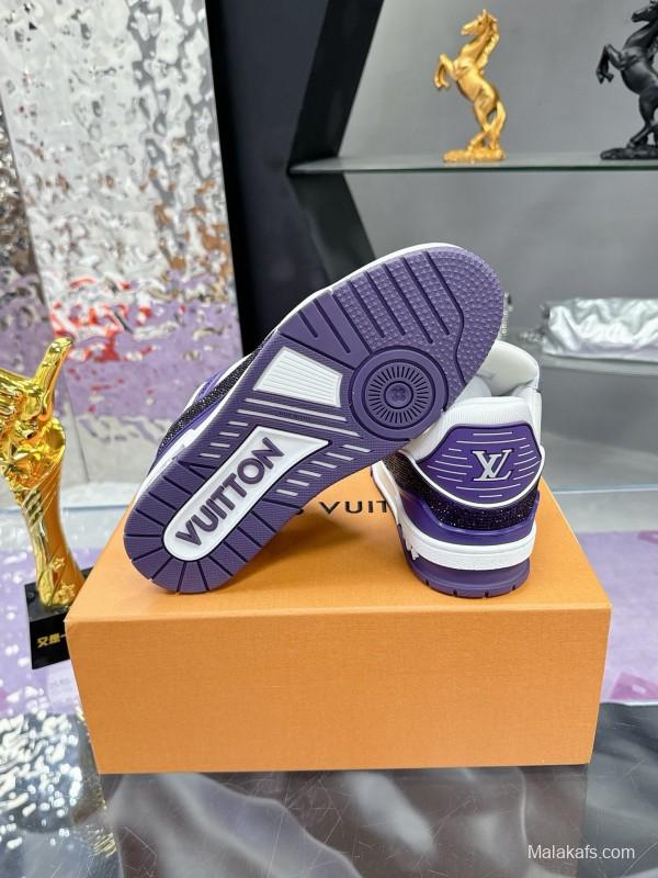 2025 Unisex Louis Vuitton White Purple Leather Denim Plimsolls Handmade Beaded AS00400